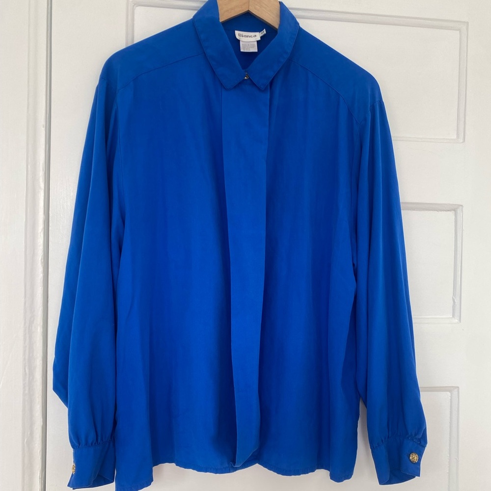 Gorgeous sapphire blue vintage silk blouse with gold buttons